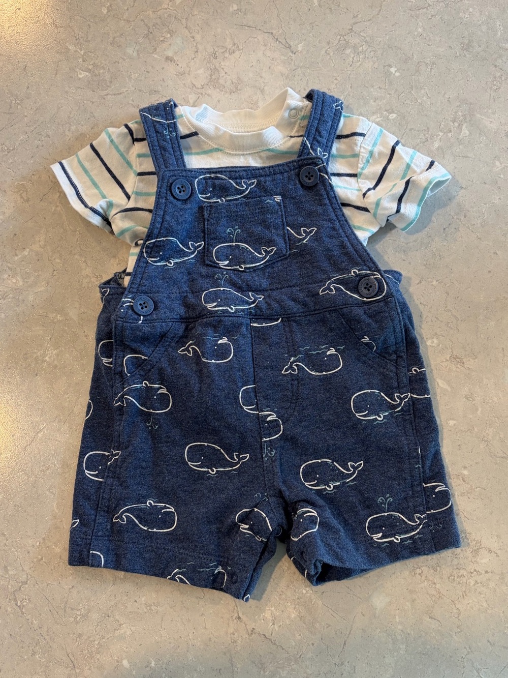 Little Me Navy Whale Print Overalls with White & Teal Striped Tee